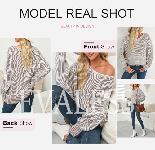 Image of EVALESS Striped Sweaters for Women Boat Neck Batwing Sleeve Oversized Pullover Sweater Tops Womens Fall Clothes Outfits