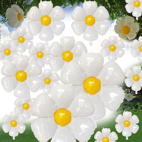 Image of Daisy Balloons 20 pcs White Daisy Flower Balloons Reusable Party Decorations for Birthday Wedding Ceremony Garden Beauty, 2 Extra Huge, 4 Huge, 14 Medium and 10 Fittings