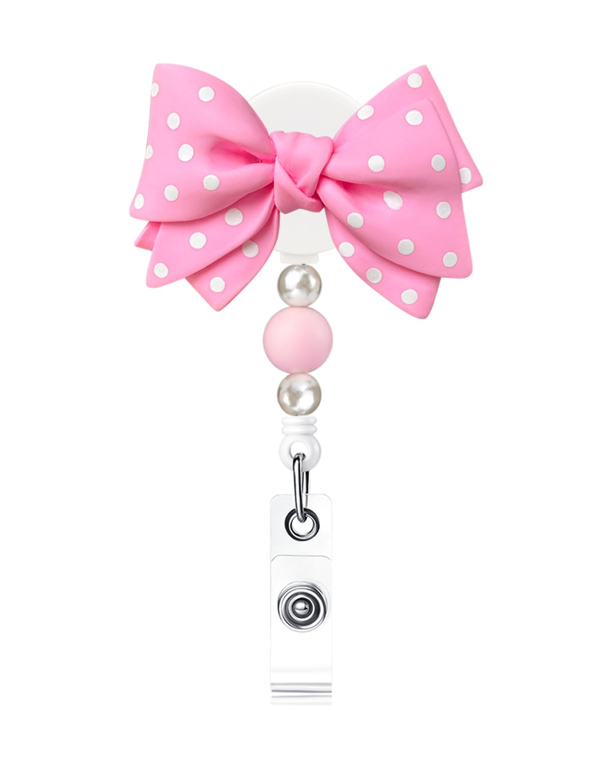 Ascrafter Cute Bow Badge Reels Retractable, Beaded ID Badge Holder for Women, Belt Clip Badge for ID Name Cards (Pink)