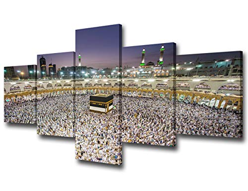 Mecca Canva Wall Art Saudi Arabia Building Muslim Pilgrims Painting Islamic Religion Holy Prints Picture 5 Piece Artwork Modern Home Decor Living Room Wooden Framed Ready To Hang(50Wx24H Inches) #TOP30