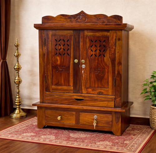 Image of Wudniture Solid Sheesham Wood Pooja Mandir for Home | Handcrafted Wooden Temple with 3 Storage Drawers, Tray & Lock | Natural Teak Finish