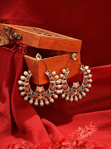 Crescent Lotus Ethnic Dangle Earrings with Stones - ZPFK16398