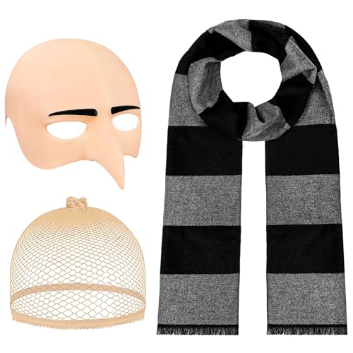 Dreamtop Disfraz de película del Día Mundial del Libro para adultos, disfraz del Día Mundial del Libro, gorro calvo con nariz y bufanda a rayas para la semana del libro, kit de traje de personajes de