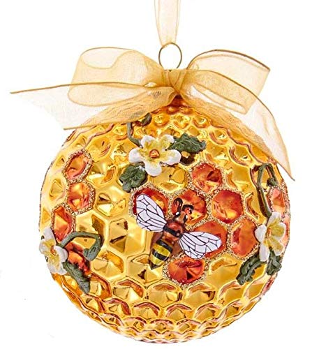 OnHoliday Glass Gold Honeycomb Bulb B with Bee's and Flowers Christmas Tree Ornament