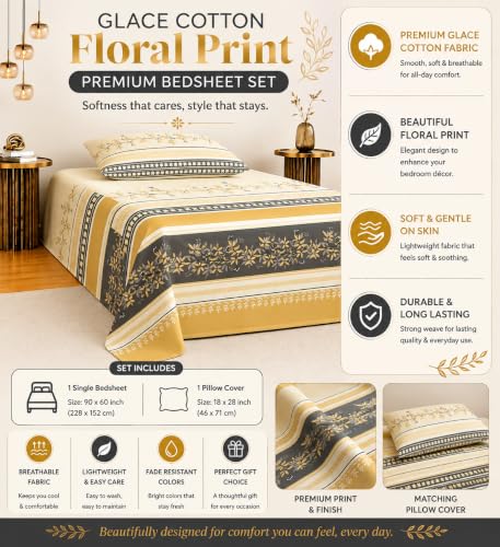Image of IVAZA 240 TC Soft Ezyption Cotton Floral Print Single Bed Bedsheet - with 1 Pillow Covers, Hypoallergenic, Brethable, (Size- 60 x 90 Inch | Gold Cream