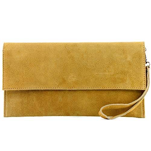 modamoda de T151 Damen Wildleder Rauleder Clutch Umhängetasche Abendtasche handmade in Italy, Farbe:Senfgelb