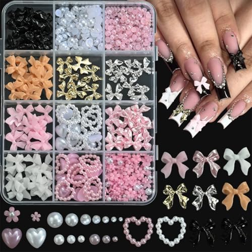 COYUN 1 boîte de pendentifs pour ongles avec nœud blanc, rose, noir, nœud 3D, mignon, dos plat, nœud papillon, deco ongle nail art, strass pour ongles,...