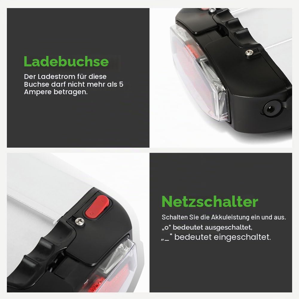 E-Bike Batterie 36V 13Ah Li-ion Akku Gepäckträgerbatterie mit Ladegerät, Passend für 26"/27,5"/28" V-Brake 250W-800W Elektrofahrrad NCM, Hamburg, Munich(36V 13Ah Batterie ohne Gepäckträger)