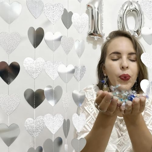 Image of Glitter-Silver White Party-Decoration Heart Garland - 39ft Birthday String Backdrop Streamer Disco Hanging Paper Banner,Graduation Engagement Wedding Bachelorette Bridal Shower Winter Christmas Decor