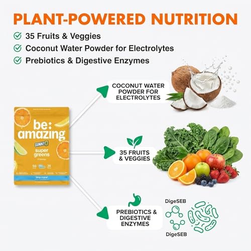 Image of BE AMAZING Super Greens Powder with Prebiotics, Digestive Enzymes & Antioxidants, 35 Fruits & Veggies, Electrolytes & Fiber, Vegan, Gluten Free Juice & Smoothie Mix, Sunny D, 25 Servings