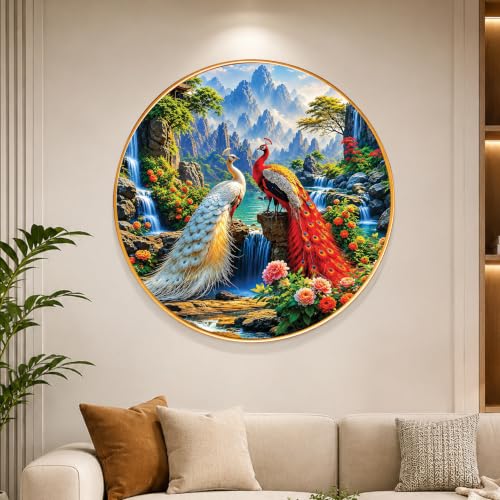 Image of PAINTINGMANTRA Pair of Peacocks Vastu Framed Wall Art Painting For Living Room, Waterfalls & Mountains Poster with frame for Wall, Decoration item for bedroom & Home, 16 Inch