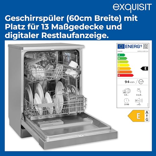 Exquisit START Geschirrspüler 60 cm, 13 Maßgedecke, Unterbaufähig, 11 Liter, Startzeitvorwahl, Restlaufanzeige, 7 Spülprogramme, GSP9313-030E inox