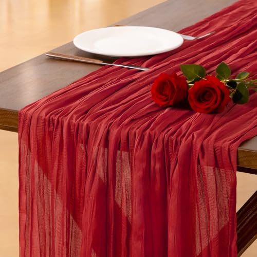 Image of Socomi Red Cheesecloth Table Runner Easter Spring Boho Rustic Gauze 120 inch 10FT Cheese Cloth Runner for Wedding Party Baby Shower Birthday Home Decor Holiday Decorations