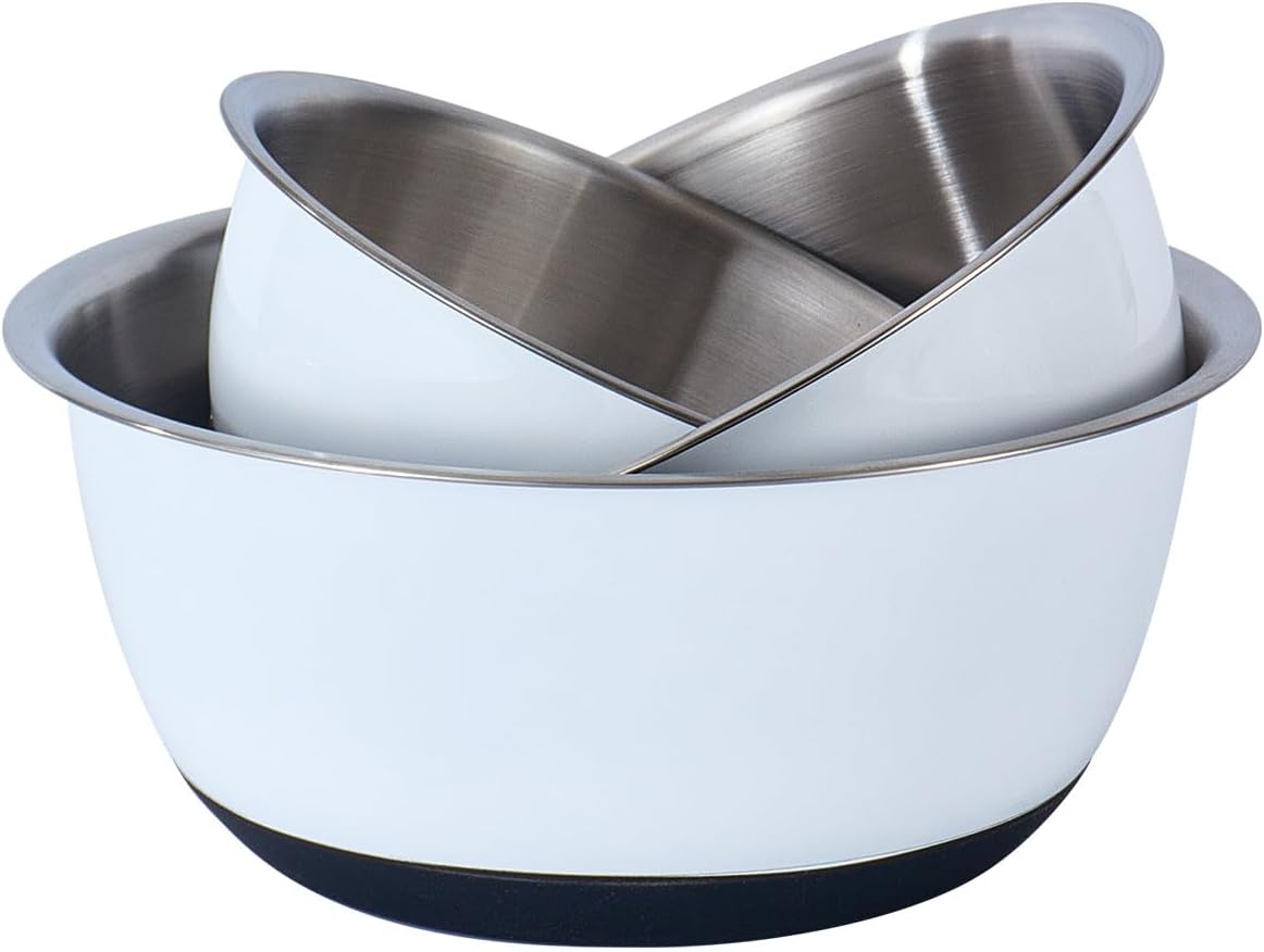 Fox Run White Stainless Steel Mixing Bowl With Non-Skid Base, Set of 3 Nesting Mixing Bowls, 2.75, 4.25, and 6.25 Quarts