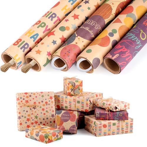 woric 5 Rollen Geschenkpapier Geburtstag 43cm x 3m Geschenkpapierrolle Kraftpapier Geschenkpapier Set mit Hanfseil & Klebeband für Kindergeburtstag Hochzeit Babyparty