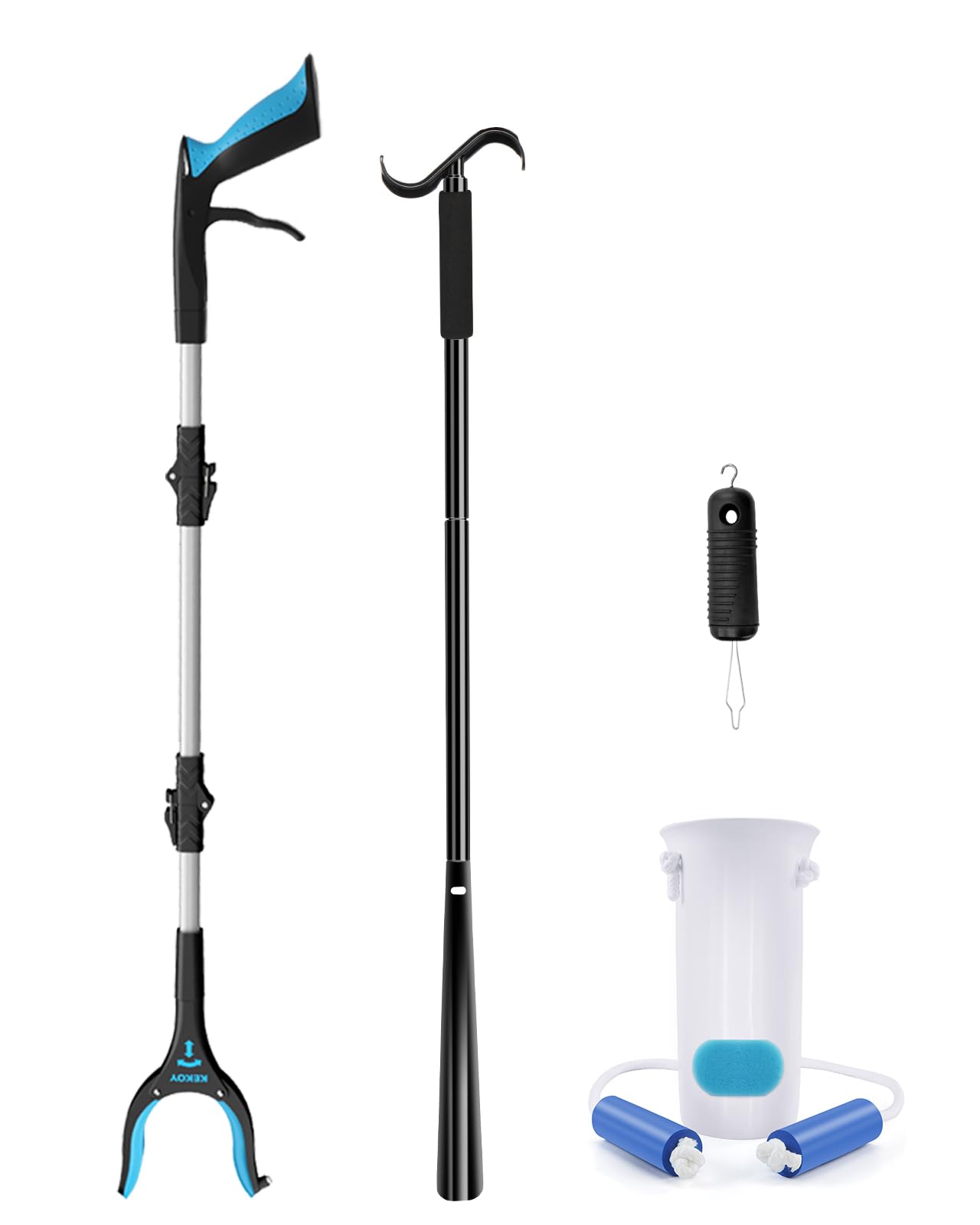 36" Grabber Reacher- 35.5 Inch Long Handled Shoe Horn Dressing Stick Sock Remover Aid Helper- Sock Aide Device with Foam Handles- Button Hook with Zipper Pull Button