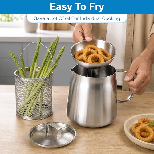 Image of 68oz Stainless Steel Oil Filter Pot with Deep Fryer Basket & Oil Strainer, 304 Food Grade Deep Fryer, Bacon Grease Saver Container for Kitchen Cooking & Camping Japanese Tempura Fryer Pot (2L)