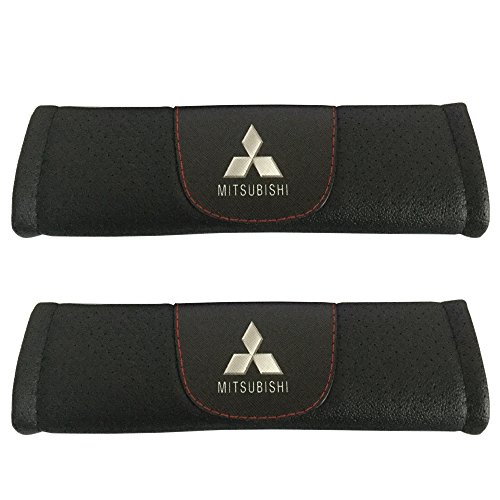 2pcs Mitsubishi Logo Black Leather Car Seat Safety Belt Strap Covers Shoulder Pad Accessories Fit For Mitsubishi Eclipse Cross Mitsubishi Lancer Mitsubishi Mirage Mitsubishi Outlander