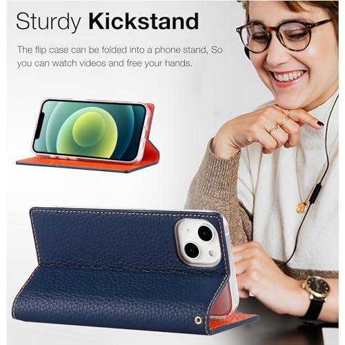 Coque iPhone 14 Plus en cuir véritable bleu élégant ELTEKER