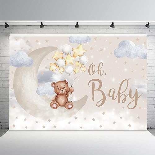 MEHOFOND Oh Baby Bear - Telón de fondo para baby shower, género, decoración de fiesta de cumpleaños, bandera de oso en la luna, globos de estrella