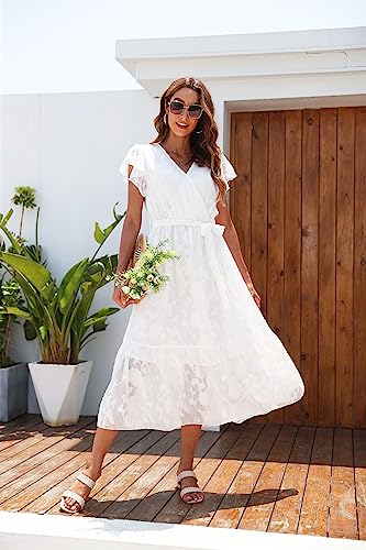 Image of VintageClothing Womens Sundress Casual Floral Summer Boho Dress | Flowy Wrap V Neck Ruffle A-Line Pleated Hem Midi Dresses