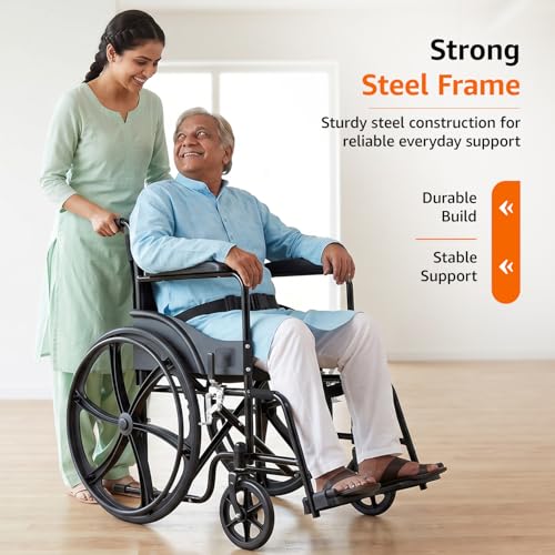 Image of Amazon Basics Foldable Wheelchair | Adjustable Armrests & Footrests | Comfortable Cushioned Seat | Steel Frame | Easy to Manoeuvre for Indoor & Outdoor Use | Elderly & Patient Care