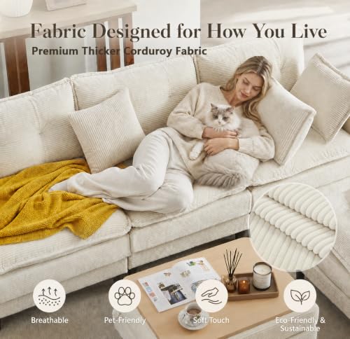 Image of Corduroy Storage Ottoman Coffee Table for Modular Sectional Couch, Corduroy Footrest Extension with Hidden Storage, Modern Soft Cushioned Stool for Living Room, Cream