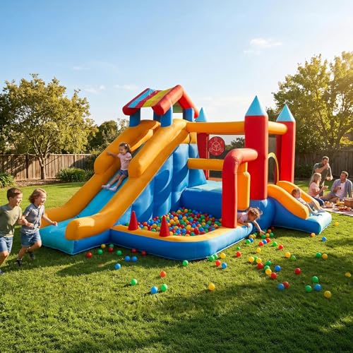 Bouncy Castle with Slide for Children: Inflatable Bounce House 9 in 1 - Kids Trampoline with Basketball Hoop & Climbing Wall Indoor Outdoor Play Centre with Air Blower for Birthday Party Garden
