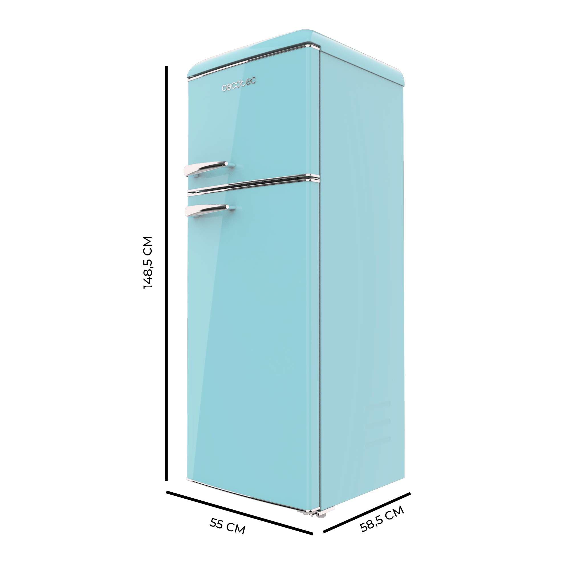 Cecotec Frigorífico 2 Puertas Retro de 215 L Bolero CoolMarket 2D Origin 215 Blue E. Altura 148,2 cm y 55,2 cm de Ancho, Luz, Tirador Cromado, Bandejas Cristal, Control de Temperatura, Azul — view 2