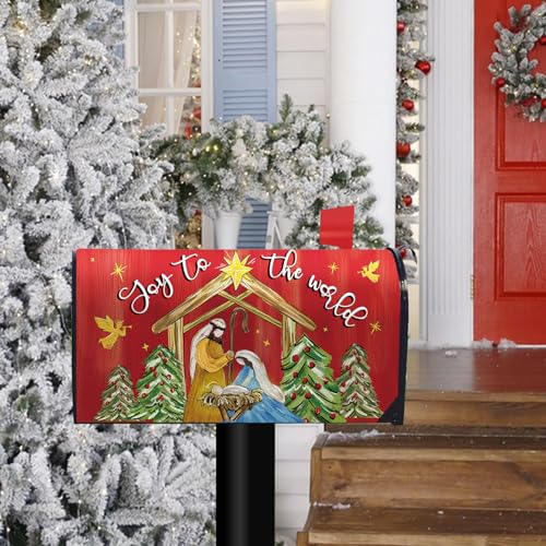 Image of Christmas Nativity Christian Mailbox Cover Magnetic Standard Size 20.5 inch x 18 inch, Religious Xmas Jesus Joy to The World Decorative Post Letter Box Decor, Red Holiday Garden Yard Outdoor Decoration