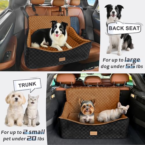 Image of JOEJOY Dog Car Seat for Medium /Large Dogs - Reversible Dual-Sided Travel Dog Car Bed with Memory Foam, Washable Pet Booster Seat for Dogs up to 55 lbs or 2 Small Dogs, 2 Safety Leashes, Brown