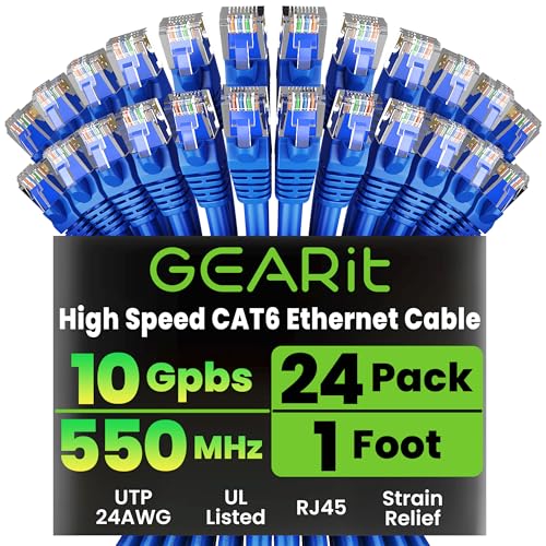 GEARit Cat6 Patch Cables Cat 6 Ethernet Cable Snagless 1 ft 24-Pack Blue