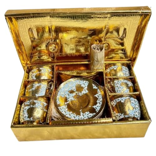 Image of DMRD-Elegant Ceramic Tea 18 Piece Set |Gold-Plated Cups with Saucers Spoons | Luxury Floral Designer Gift |Home & Party Tea Set with Kettle | Ceramic Pot Floral Aesthetic | Crockery (Blue)