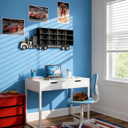 Image of Truck Shape Die Cast Car Display Shelf for 1:64 Scale Toy Cars | Wall Mounted MDF Storage Organizer | Personalized Name Option | 12 Slots, 20 Slots & Extension Add-On (Turbo Garage 12)