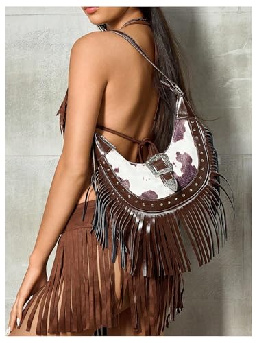 QWINEE Women's Boho Tassel Shoulder Bag Fringe Buckle Zipper Top Handle Underarm Handbag3