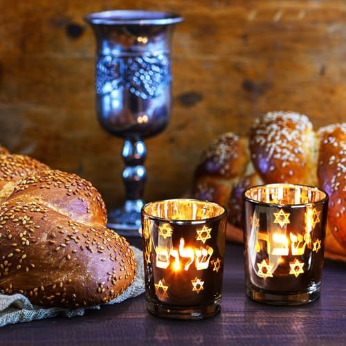 Image of Honeydak Set of 2 Shabbat Tealight Holders Silver Jewish Judaica Gift Set Electroplated Glass Modern Shabbat Decorative Light Holders for Tea Lights Hanukkah Gifts