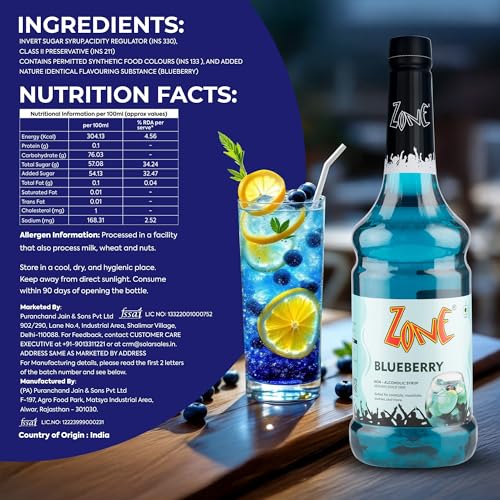 Image of Zone Flavoured Syrups 1000ml - Premium Cafe-Style Syrups for Mocktails, Cocktails, Milkshakes, Coffees, Iced Teas, Sodas & Desserts | Perfect for Home Use, Small Cafes, Bars & Gifting (Blueberry)
