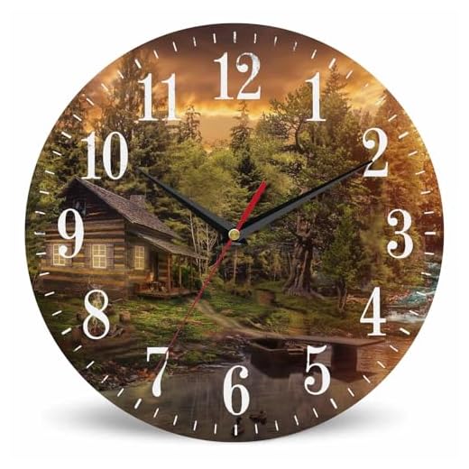 Mxocom Cabin by River Wall Clock Wooden Hut Tranguility Warmt 10 Inch Silent Non Ticking Battery Operated Clock Vintage Round Clock for Living Room Bedroom Bathroom Office Decor