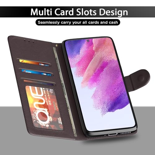 Image of Amazon Basics Flip Cover for Samsung Galaxy S21 FE 5G Leather Finish | Wallet Stand and Shock Proof | Inside TPU with Card Pockets | Complete Protection Flip Case (Coffee)