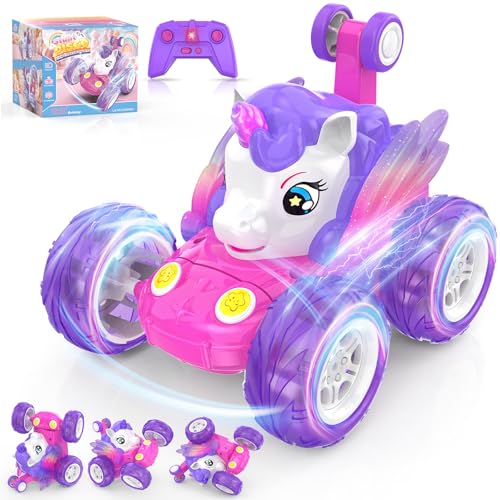 Carro telescópico menina 3 4 5 6 7 8 9 anos, brinquedo unicórnio carro rádio controlo RC carro crobacias rotação 360° presente aniversário Natal jogo carro telecomandado brinquedo menina criança rosa