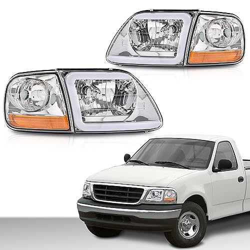 Image of G-PLUS Lightning Style Headlights LED DRL Light Strip Compatible with Ford Expedition 1997-2002 /Fit Ford F150 1998-2004 /Fit F250 1997-1999 Clear Lens Chrome Housing Amber Reflector