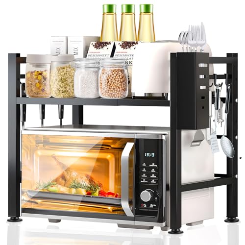 Purpledi Mensola Microonde Estensibile, Scaffale Salvaspazio Acciaio Carbonio Ripiano Contatore Cucina Organizzatore Ripiani, Regolabile Due Livelli Microonde Scaffale, Cucina con 6 Ganci