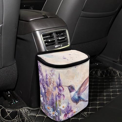 Image of Talayituse Hummingbird Daisy Lavender Print Car Trash Bin, Large Size Auto Trash Can Adjustable Portable Garbage Can with Lid, Vehicle Hanging Bag for Headrest Front Back Seat