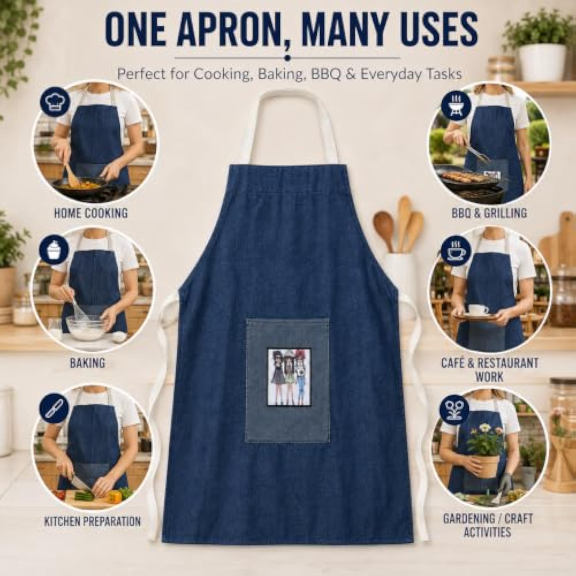 Denim Apron for Kitchen with Waterproof Back Layer