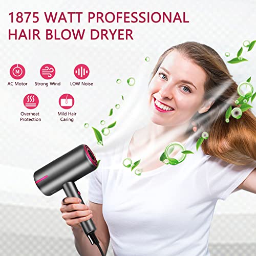 1875 Watt Hair Blow Dryer With Comb Diffuser& Concentrator, Negative Ionic Lightweight Portable Hairdryer For Travel, Professional Fast Drying Salon Blow Dryer For Curly Hair- Grey #TOP4