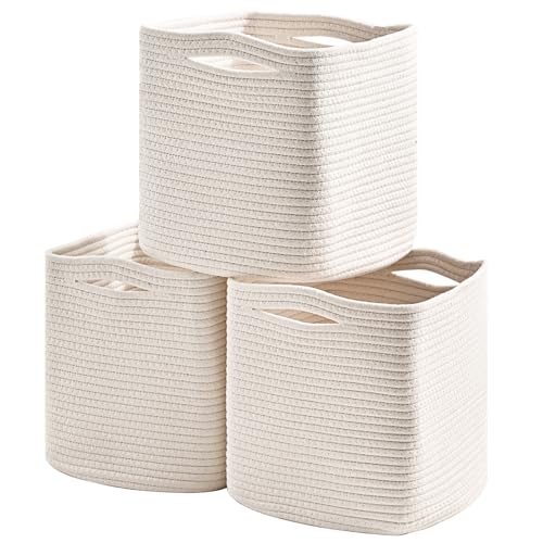 Dcerzxzci 11 Inch Cube Storage Bins, 11x11 Cube Storage Bins for Cube Organizer, Square Cloth Storage Cubes, Woven Storage Baskets for Shelves, Toy Rope Baskets Storage Kids, Off White (Pack of 3)