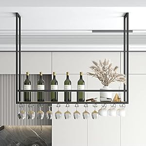 ALIAOFORZ Casier à vin Suspendu, Porte-Bouteilles de Plafond en métal, Support de Stockage de vin d’affichage avec étagère en Verre de Verres à Pied pour sous Le Meuble, Cuisine, Bar (Taille