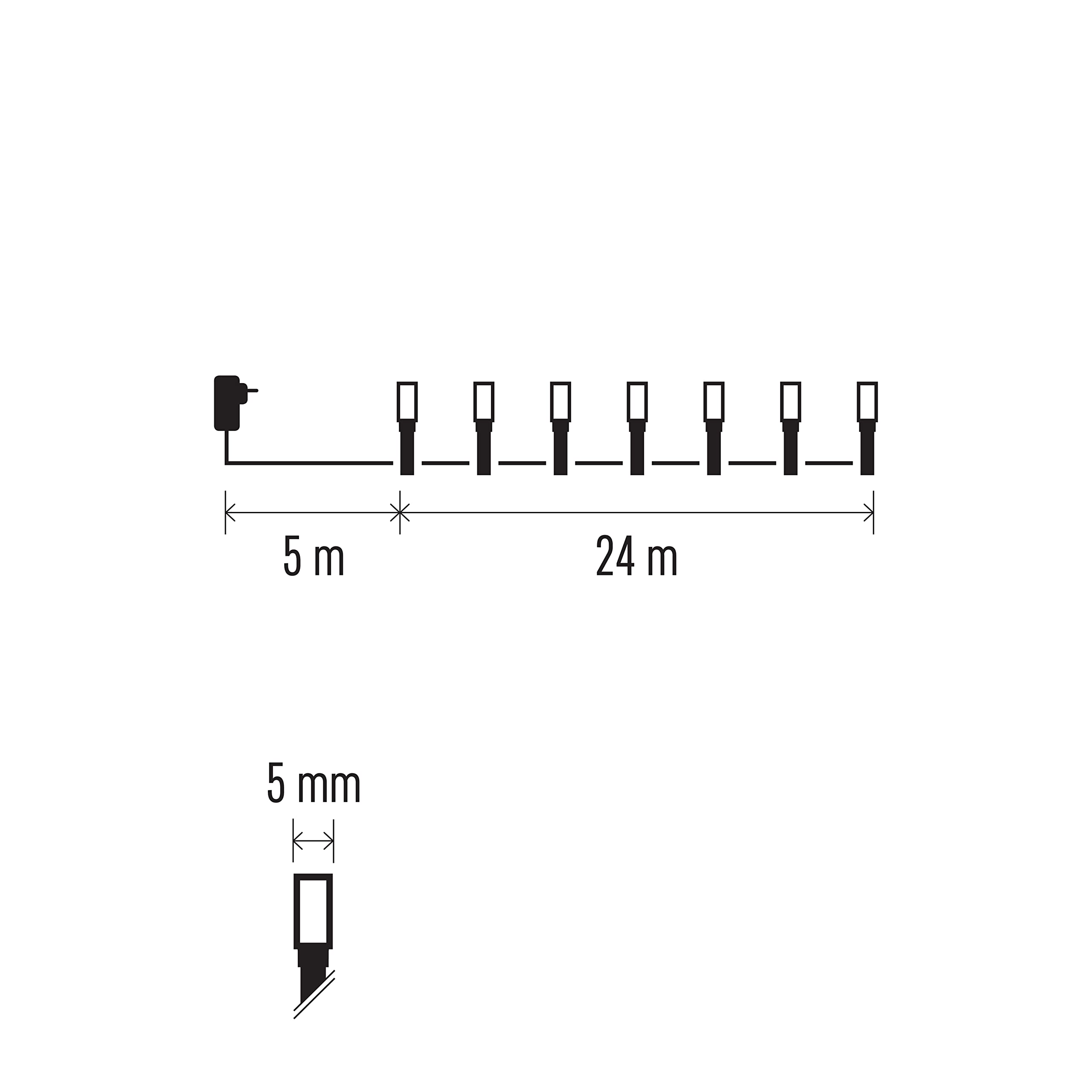 EMOS Catena di luci a LED bianco freddo per interni ed esterni, lunghezza 24 m, IP44, catena di luci di Natale con 240 LED + cavo di 5 m e alimentatore di rete, funzione timer