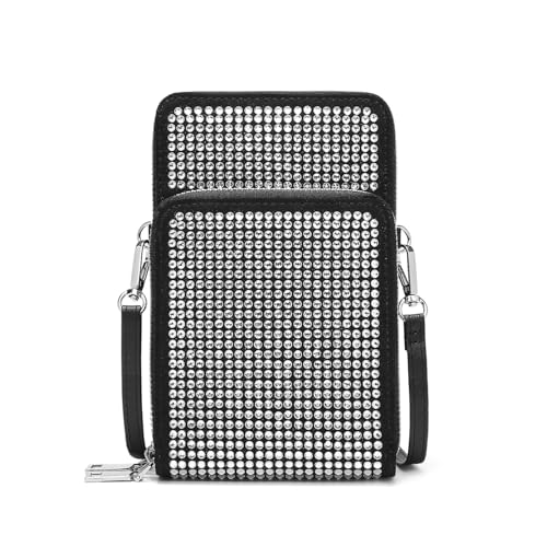 Rhinestone Double Pocket Crossbody Shoulder Bag, Cell Phone Purse, Evening Bag