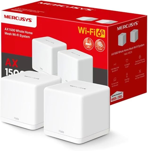Mercusys Halo H60X AX1500 WiFi 6 Système de mesh (2-Pack) – Dual-Band jusqu'à 1.5 Gbps, couvre jusqu'à 4,000 2, itinérance sans couture, WPA3 Sécurité, Contrôles parentaux, Ports Gigabit complets